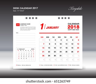 Calendar 2021 template vector, Desk Calendar Template for 2018 Year, January, Week starts Sunday, Stationery design, red background