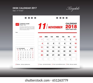 Calendar 2021 template vector, Desk Calendar Template for 2018 Year, November
, Week starts Sunday, Stationery design, red background