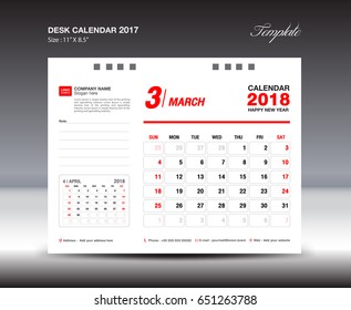 Calendar 2021 template vector, Desk Calendar Template for 2018 Year, March, Week starts Sunday, Stationery design, red background