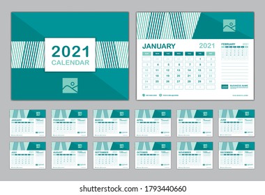 Calendar 2021 template vector, Set Desk calendar 2021 template, New year calendar in a minimal trendy style, Week start on Sunday, Set of 12 Months, Green cover design.