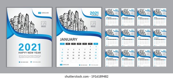 Kalender 2021 Vorlage Vektor, Set-Desk-Kalender 2021, Frohes neues Jahr, Wand-Kalender-Design, Planer, Woche Start am Sonntag, vertikale Anordnung, Set von 12 Monaten, Deckendesign, Planer, Schreibwaren Vektorgrafik