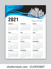 Calendar 2021 Template, Wall Calendar 2021 Vector, Desk Calendar Design, Week Start On Sunday, Poster, Planner, Stationery, Printing, vertical artwork, Blue wave background concept