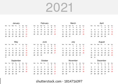 Calendar 2021. Calendar template for 2021 year. Calendar, isolated. Vector illustration