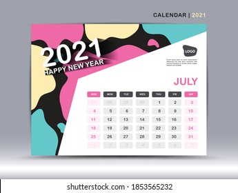 Calendar 2021 template,July Page design, Desk calendar vector for calendar 2021 template, Week starts on Monday, Fluid colorful background, Trendy minimal, creative design