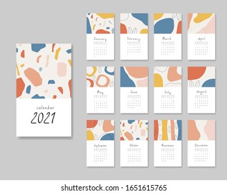 Calendar 2021. Templates with creative hand drawn textures. Vector illustration. Blue, red, yellow, brown colors.