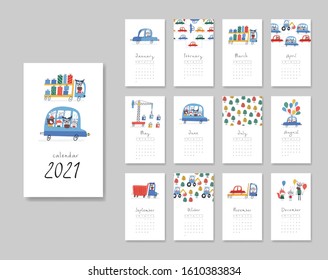 Calendar 2021. Templates with cute hand drawn animals and cars. Vector illustration. Blue, yellow, green and red colors.