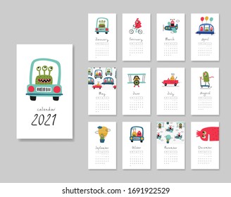 Calendar 2021. Templates with funny cute cactus music band. Vector illustration in pink, yellow and blue.