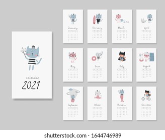 Calendar 2021. Templates with kitten theme design. Vector illustration. Pink, blue and beige colors.