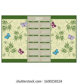 Calendar for 2021 with the texture of bamboo leaves and colorful butterflies, vector illustration