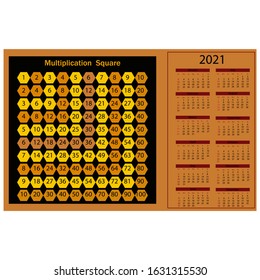 Calendar for 2021 with a texture in the form of a multiplication table of multi-colored hexagons in the form of honeycombs, the background is black, the month is highlighted in red, vector illustratio