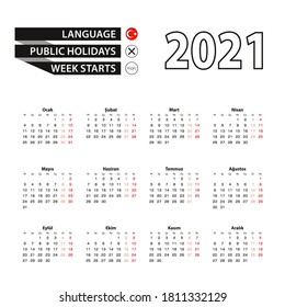Calendar 2021 in Turkish language, week starts on Monday. Vector calendar 2021 year.