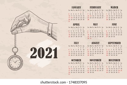 Calendar 2021 for United States in vintage style. Calendar grid in English