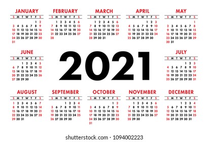 Calendar 2021 vector basic grid. Simple design template