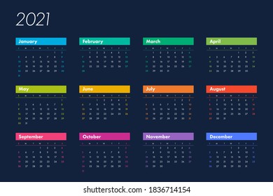 Calendar 2021 vector basic grid. basic design template