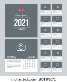 Calendar 2021 vector design with 12 pages and grid textured background. Square calendar template for Turkey.
