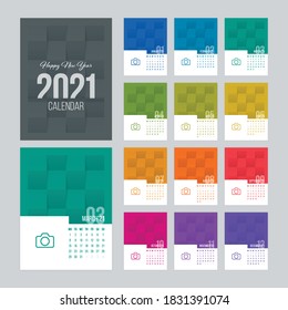 Calendar 2021 vector design with 12 pages and folded paper textured background. Week starts on Monday.