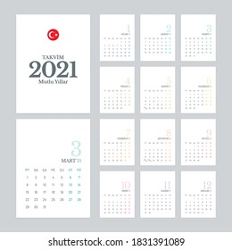 Calendar 2021 vector design with 12 pages on white background. Simple calendar template for Turkey.