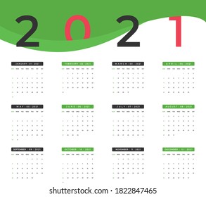 Calendar 2021 vector design. Desk, screen, desktop months 2021, colorful 2021 calendar template, agenda. Day planner. The week starts on Sunday. Set of 12 Months. 