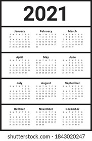 Calendar 2021 vector design template, simple and clean design