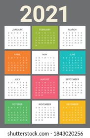 Calendar 2021 vector design template, simple and clean design