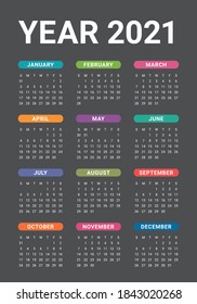 Calendar 2021 vector design template, simple and clean design