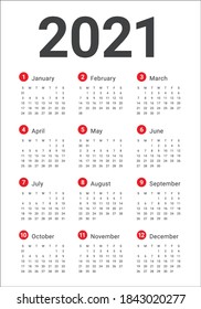 Calendar 2021 vector design template, simple and clean design