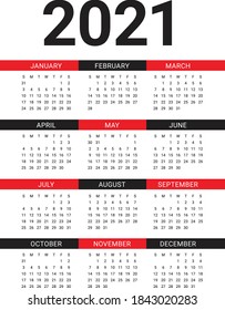 Calendar 2021 vector design template, simple and clean design