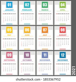 Calendar 2021 vector design template. Simple blank calendar illustration. Clean minimal style. Colorful layout template for print. Week starts on Sunday. Set of 12 Months.
