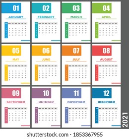 Calendar 2021 vector design template. Simple blank calendar illustration. Clean minimal style. Colorful layout template for print. Week starts on Sunday. Set of 12 Months.