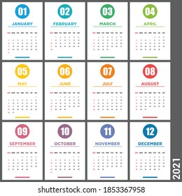 Calendar 2021 vector design template. Simple blank calendar illustration. Clean minimal style. Colorful layout template for print. Week starts on Sunday. Set of 12 Months.