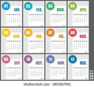 Calendar 2021 vector design template. Simple blank calendar illustration. Clean minimal style. Colorful layout template for print. Week starts on Sunday. Set of 12 Months.