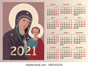 Calendar for 2021 with a vector drawing of Kazan Orthodox icon.