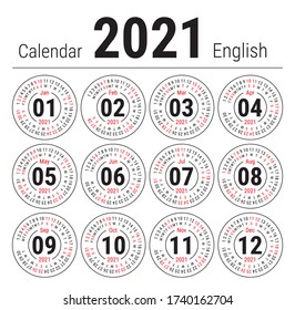 Calendar 2021. Vector English round calender. January, February, March, April, May, June, July, August, September, October, November, December. Sunday. Design template. Circle