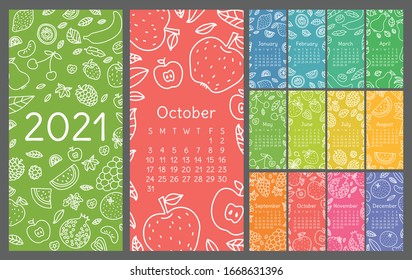 Calendar 2021. Vector English wall calender template. Fruits, berries. Lemon, kiwi, banana, pear, cherry, strawberry, raspberry, watermelon, grapes, apple, pomegranate and mandarin. Hand drawn design.