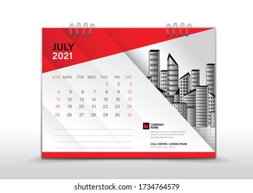 Calendar 2021 Vector, July 2021 Year Template, Desk Calendar Design, Week Start On Sunday, Stationery, Printing, corporate planner, Red abstract background creative idea