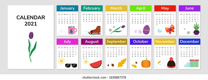 Calendar 2021. Vector. Calendar sheets with simple illustrations. 