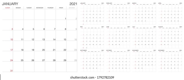 Calendar. 2021 Calendar. Vector template. Starts on Sunday.