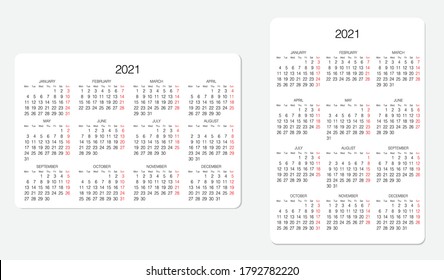 Calendar. 2021 Calendar. Vector template. Starts on Monday. Pocket.