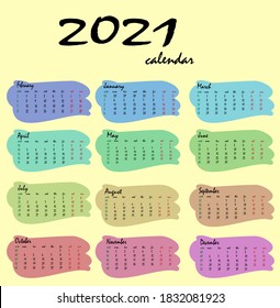 Calendar for 2021. Vertical calendar template on a yellow background. An editable vector file is available. English language and version from Sunday to Monday and the number of weeks.