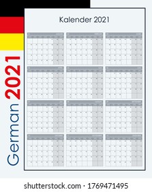 Calendar 2021. Wall planner with free space for notes. Vertical layout, template with 12 months on one page. Week starts from monday. German language. 