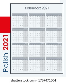 Calendar 2021. Wall planner with free space for notes. Vertical layout, template with 12 months on one page. Week starts from monday. Polish language. 