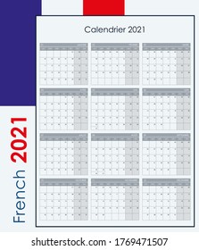 Calendar 2021. Wall planner with free space for notes. Vertical layout, template with 12 months on one page. Week starts from monday. French language. 