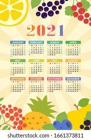 Calendar 2021. Wall poster. Organic healthy food. Color fruits and berries sketch menu. Fresh rowan, apple, lemon, pineapple, red currants, blueberry and chokeberry. Colorful vector design template