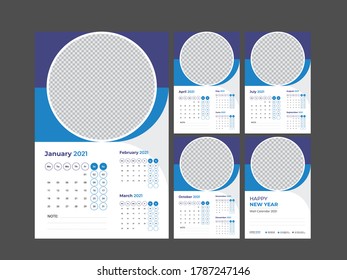 Calendar 2021 Wall Calendar template design with Place for Photo and Company Logo. 2021 calendar horizontal vector design template, simple and clean design.White Background for Week Starts Monday.
