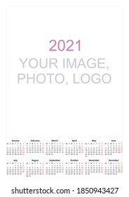 Calendar 2021. Wall calendar for 2021 year in clean minimal style. Corporate design planner template. Week Starts on Monday. Set of 12 Months.