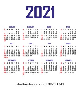 Calendar 2021. The week begins on Sunday. Simple calendar template. Portrait of vertical orientation. Annual organizer of stationery. Vector illustration