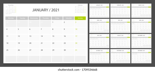 Calendar 2021 week start Monday corporate design planner template.