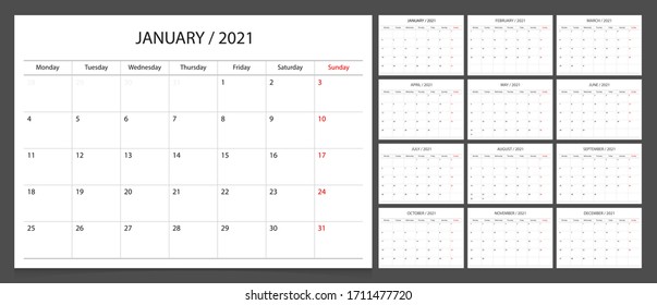 Calendar 2021 Week Start Monday Corporate Design Planner Template.