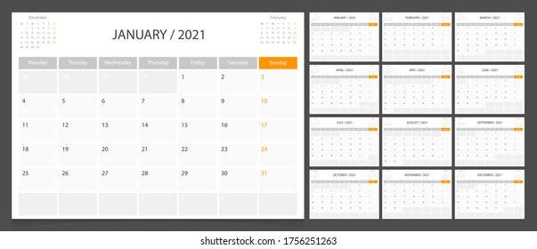 Calendario 2021 semana inicio lunes planeamiento de diseño corporativo.