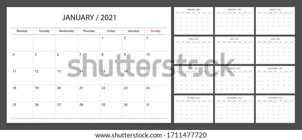 Calendar 2021 Week Start Monday Corporate Stock Vector Royalty Free 1711477720